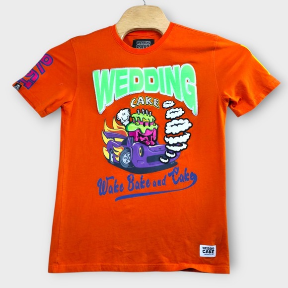 Wedding Cake Central Mills‎ Embroidered Orange Tee Shirt Mens Medium Wake Bake - Picture 1 of 11